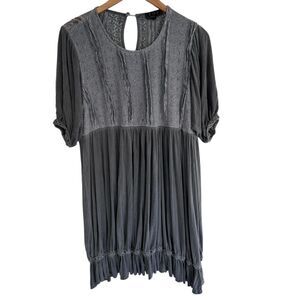 POL Gray Boho Cottage Lace Flowy Mini Dress Bell‎ Sleeve Fairy Size Large